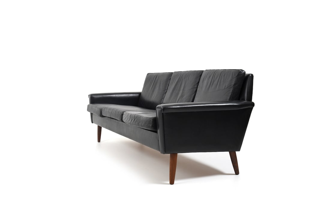 Set of Danish Black Leather Sofa & Lounge Chair - 2