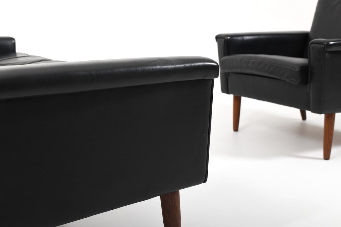 Set of Danish Black Leather Sofa & Lounge Chair - 6