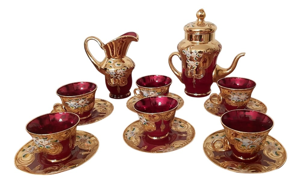 Murano Glass Tre Fuochi 24 K Gold Coffee Set, 1965: Murano glass (Venice-Italy), 24K gold, entirely manual decoration and processing. Set of 15. Country of Manufacture: Italy Design Period: 1890 to 1919 Production Period: 1960 to 1969 Additional