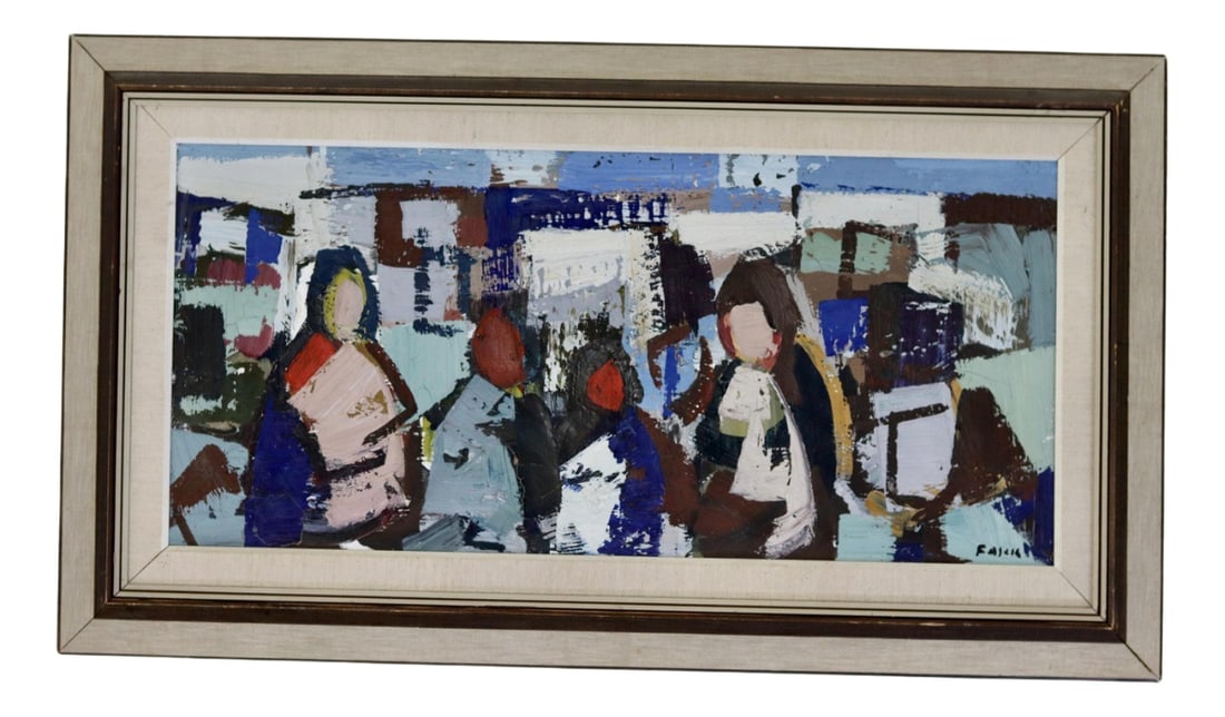 Gösta Falck, People, 1960s-1970s, Oil on Canvas, Framed: 1970's Large Swedish Modernist Oil Painting" People "by Gösta Falck- Vintage & Framed.An exquisite oil painting featuring street in Gothenburg, meticulously crafted by the renowned Tage