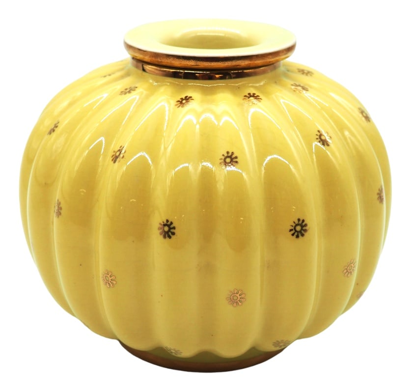 Vase by Arthur Percy for Gefle, Sweden, 1930s: A very rare Art Deco vase with high quality, made by Arthur Percy for Upsala Ekeby. It has a buttery yellow background with flowers in almost certainly 22 carat gold around the vase. There also is gol