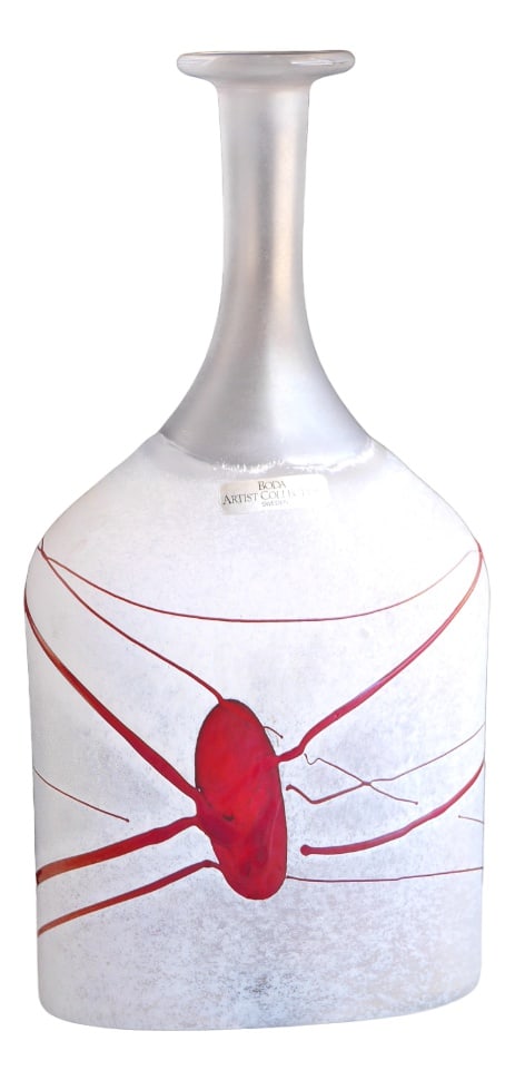 Swedish Vase by B. Vallien for Kosta Boda, 1980s: An amazing and rather tall vintage handblown studio production art glass vase known as "Red Galaxy" made by Bertil Vallien for Kosta Boda, Sweden, this is a limited edition and numbered and signed