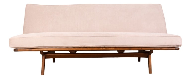 Danish Sofa in Teak, 1960s: Teak wood frame sofa, seat and back with gray fabric upholstery, Danish design, 1960s. Country of Manufacture: Italy Design Period: 1960 to 1969 Restoration and Damage Details: Light wear consistent w