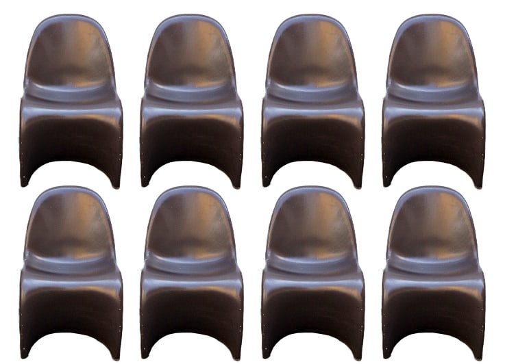 Panton Chairs by Verner Panton, 1970s, Set of 8: Set consisting of eight chairs with plastic frame and leather upholstery. Made for the Trussardi atelier.Model Panton ChairDesigner Verner Panton1970s Country of Manufacture: Denmark Design Period: