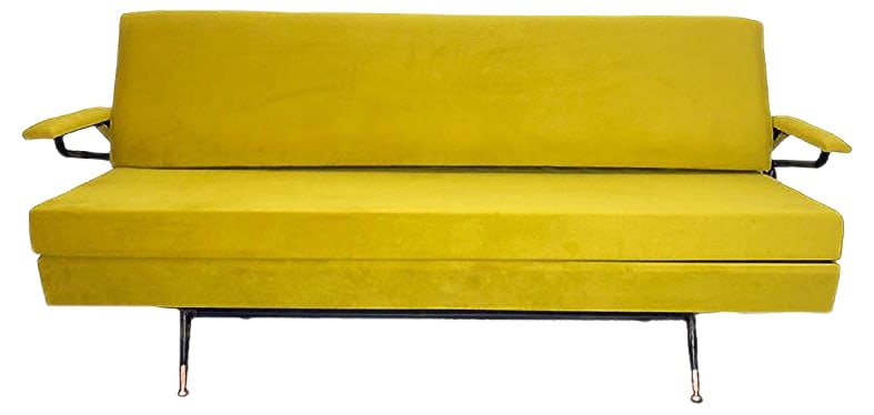 Mid-Century Modern Italian Daybed: Italian classic 50s dormeuse / daybed, attributed to the “bottega Borsani from Varedo” Italy. Sofa, single bed and chaise longue. New polyurethane seating foam filling and ocra new velvet