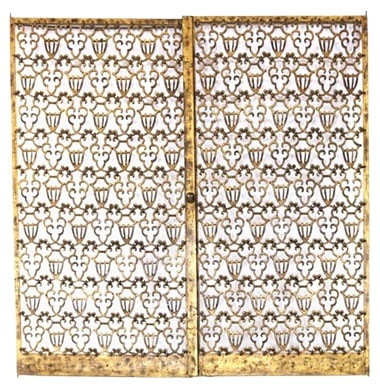 Bronze Doors by Raymond Subes, Set of 2: This pair of bronze doors, attributed to Raymond Subes, has two panels with an interlinking vase design, mounted within a frame, 109x 109cm together. Subes (1893-1970) produced many pieces for Paris