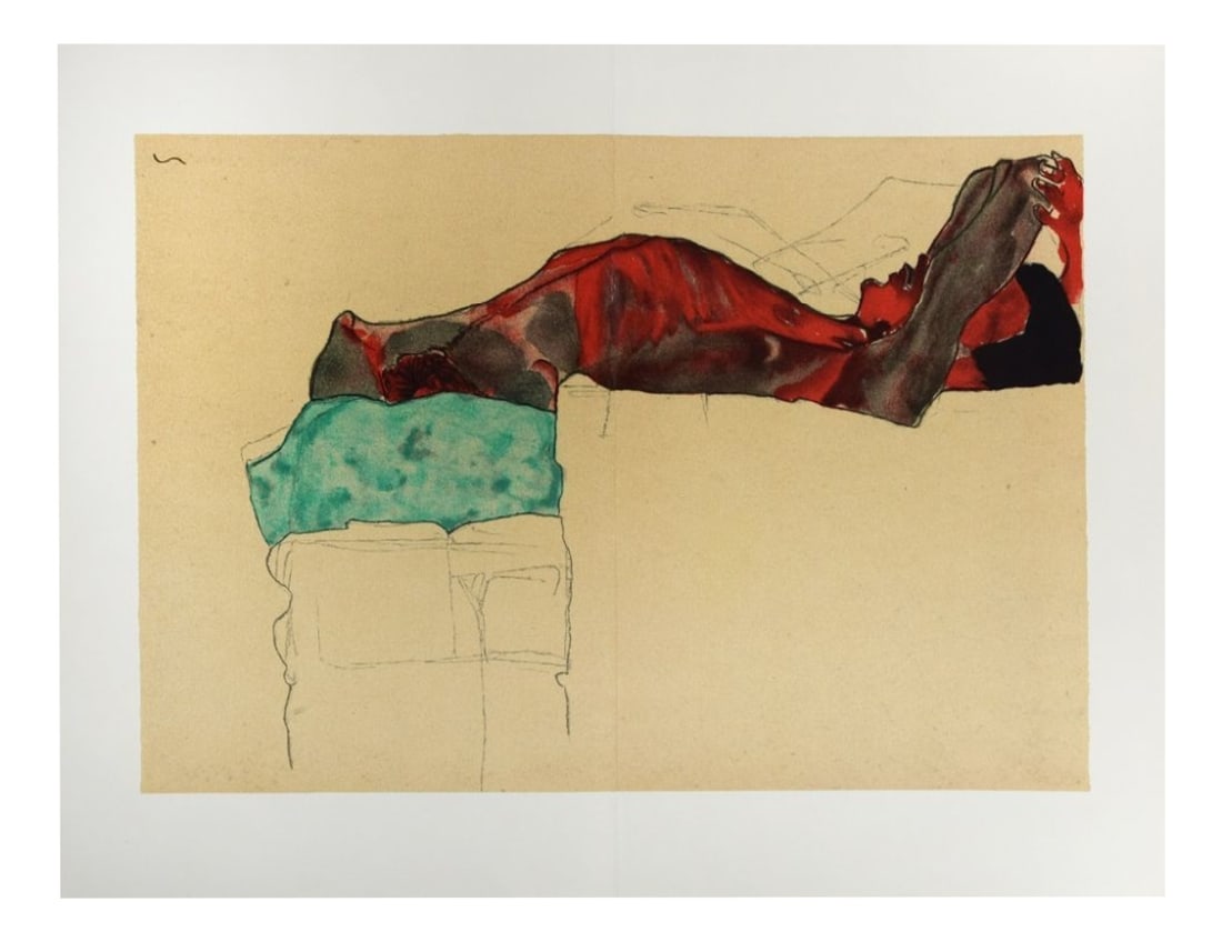 Egon Schiele, Reclining Male Nude, 1910, Print: Egon Schiele (1890-1918), afterTitle: "Reclining Male Nude with Green Cloth"Subject: Nude / EroticYear of ideation: 1910Year of printing: 2007Medium: Lithograph on paperSize: 50 x 64 cmTotal edition: