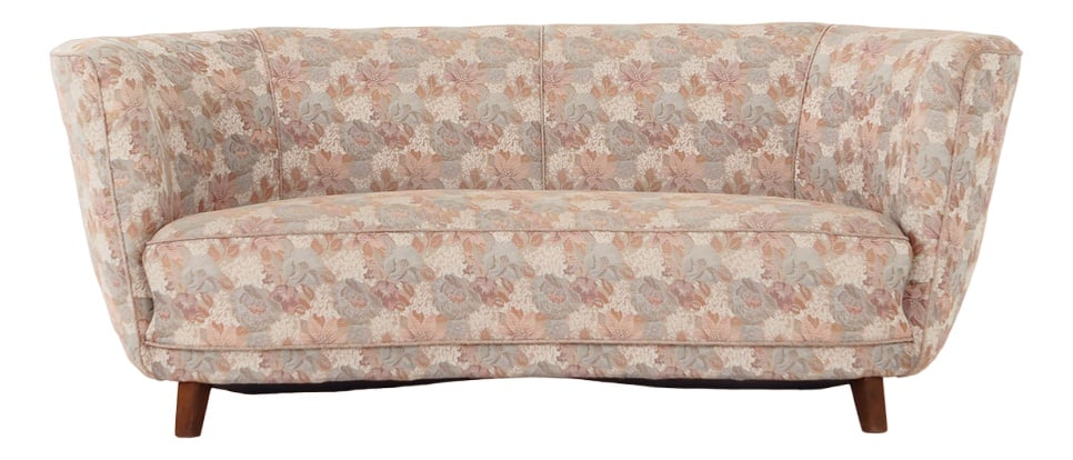 Danish Solid Beech Banana Sofa, 1970s: The sofa was made in the 1970s, Danish production.Legs made of solid beech wood. The sofa is preserved in its original upholstery. Upholstery in pastel colours, high-quality jacquard fabric was used.C