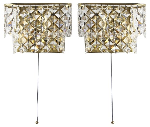 Crystal Glass Wall Lamps from Palwa, Set of 2: A pair of brass and crystal glass wall lamps by Palwa.It is a proposal of decorative lighting for sophisticated interiors in Hollywood Regency style.The elegance of the lamp is ensured by the brass