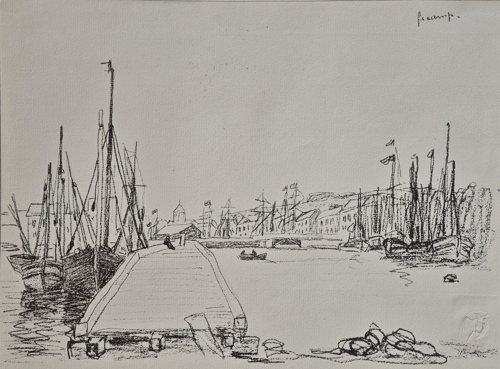 Claude Monet, Inner Harbor of Fécamp, 1918, Paper: A lithograph after Claude Monet from "Die Skizzenmappe - Zeichnungen französische Meister des neunzehnten Jahrhunderts" portfolio with text by Julius Elias, published by Marees-Gesellschaft in