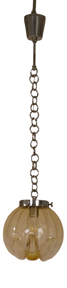 Pendant Light With Murano Blown Glass Globe, Italy: Mid-Century 1970s pendant with central globe made in very fine Murano blown glass, which makes the chandelier almost impalpable to the touch and very transparent. The processing of this globe