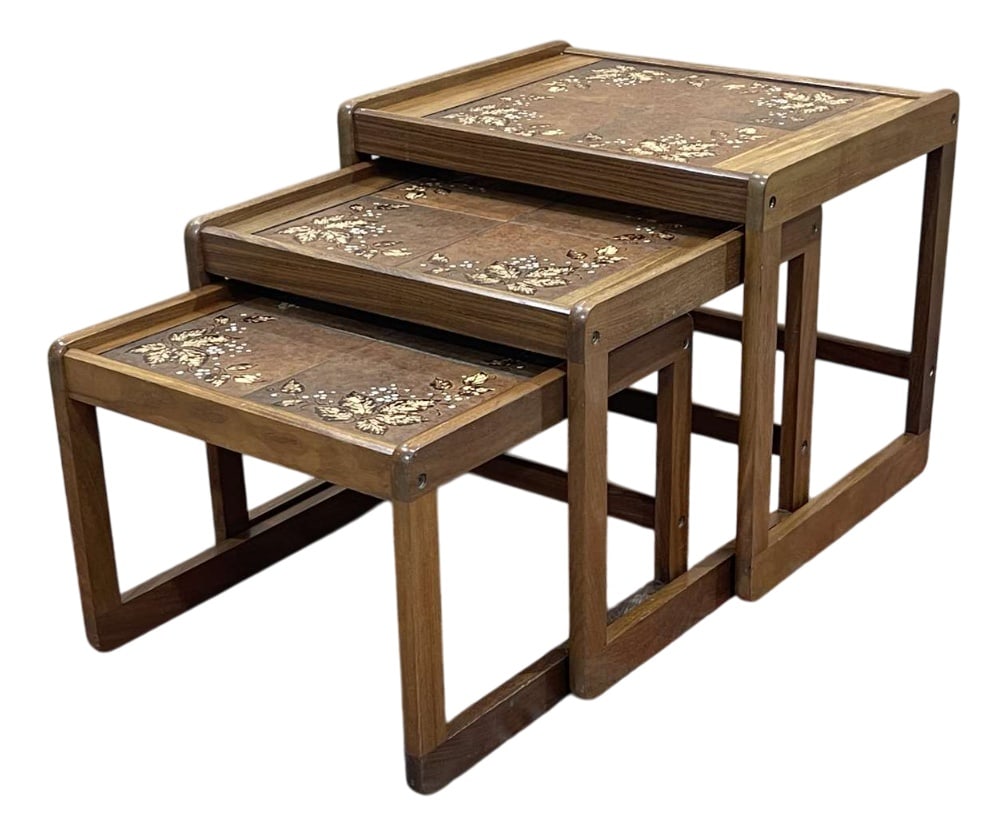 Vintage Teak Nesting Tables, 1970s, Set of 3: Set of 3 teak nesting tables from the 1970s, tiled top - L=59cm, D=50cm, H=50cm. Country of Manufacture: United Kingdom Design Period: 1970 to 1979 Production Period: 1970 to 1979 Detailed Condition: