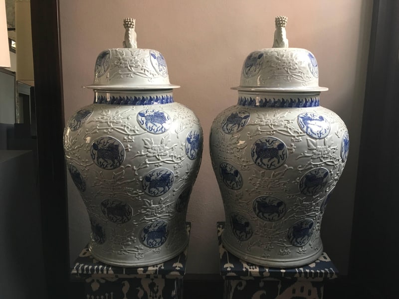 Porcelain Blue and White Giant Jar Vases, Set of 2 - 16