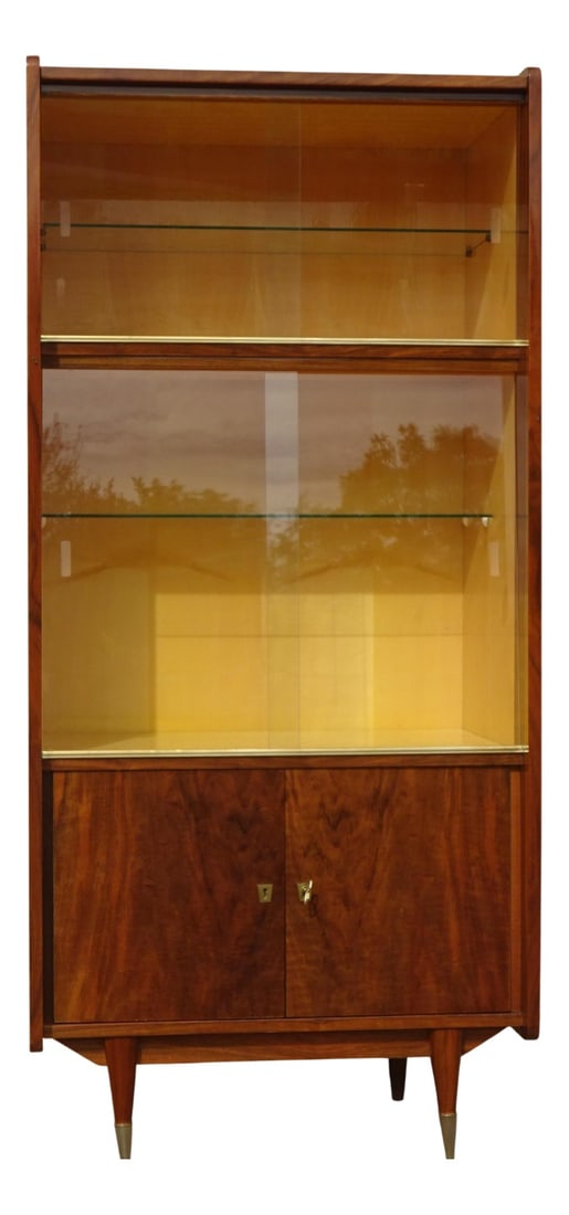 Vintage Showcase from Capelle, 1950s: A high-quality display cabinet from the 1950s, made by Maison Capelle in Montauban (82), France.The cabinet is crafted from wood, with a varnished mahogany veneer exterior and a varnished sycamore int
