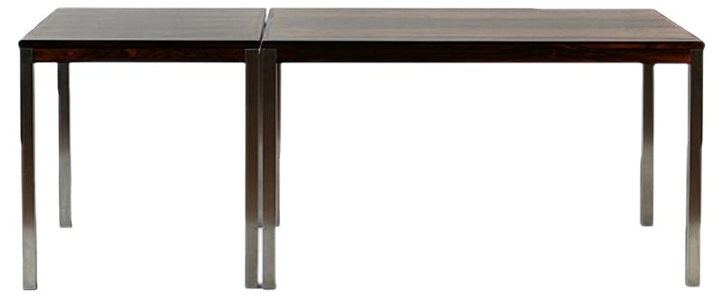 Danish Rosewood Dining Tables, 1960s, Set of 2: This two individual tables can be combined to create an impressive 239 cm long panel. The vibrant veneer of tropical timber rosewood contrasts charmingly with the cubist structure and matt brushed