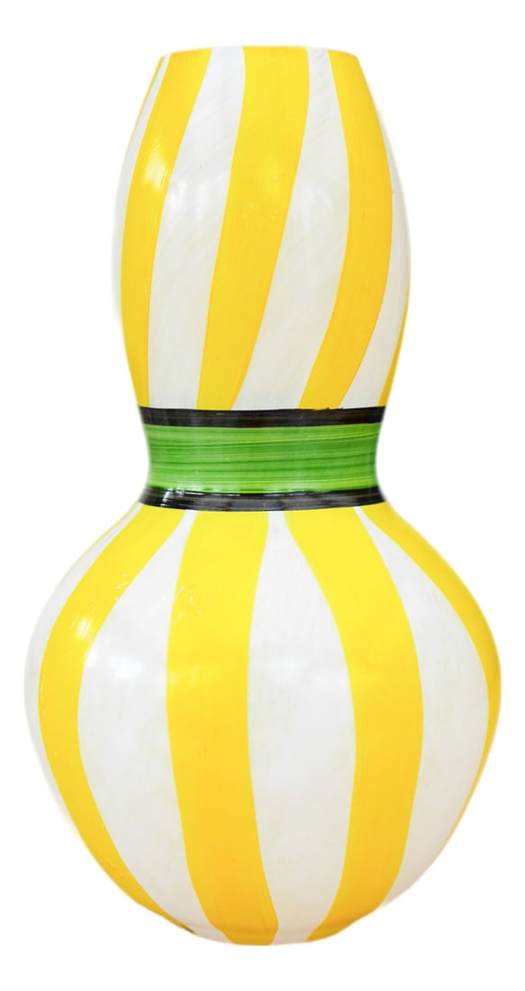 Glass Vase by Ulrika Hydman-Vallien for Kosta: A signed striking hand-painted art glass vase from Ulrica Hydman-Vallien’s celebrated Ribbon series for Kosta Boda, produced circa 1998. Sweden. This piece showcases Hydman-Vallien’s unmis