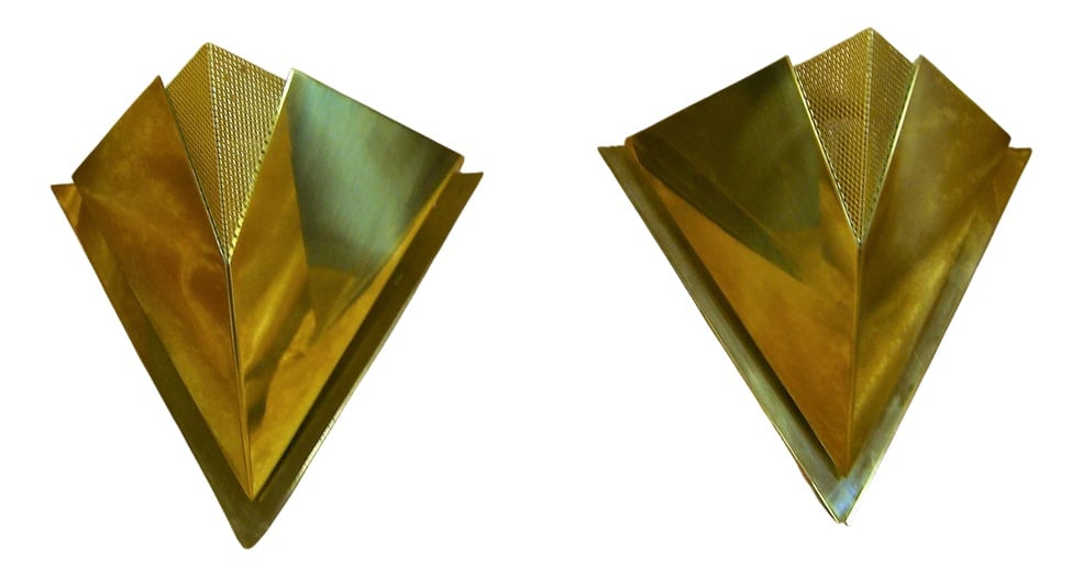 Art Deco Wall Lights from Baumann, 1980s, Set of 2: A sensational and extremely rare set of two sconces created by illustrious designer Kelly Wearstler for high end exclusive lighting outfit Baulman-Germany.Artfully realized in polished brass, a most