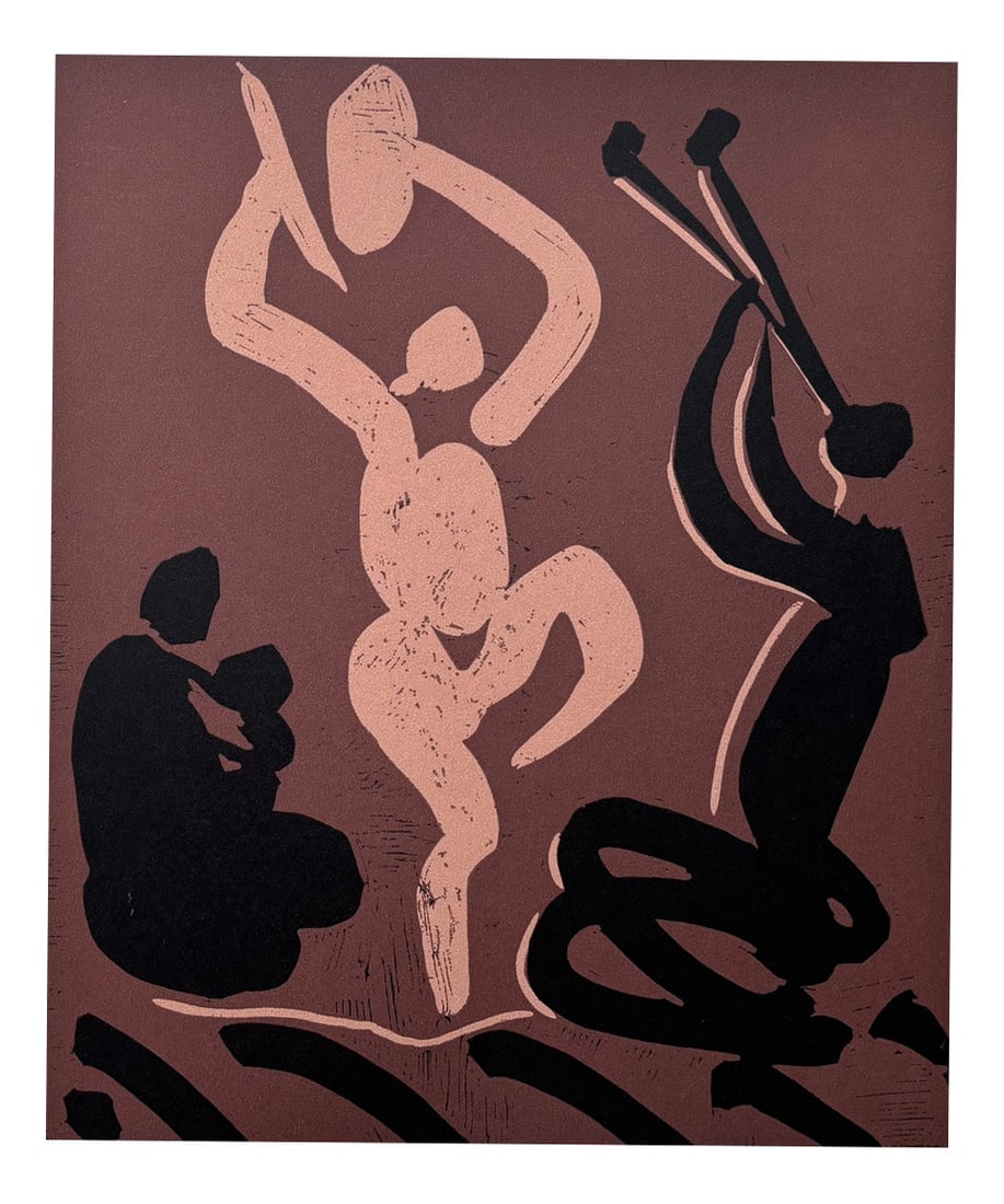 Picasso, Bacchanal with Seated Woman Holding Baby: Pablo Picasso (1881-1973)Bacchanal with Seated Woman Holding a BabyColour Linocut on Vellum paperyear 1962sheet size: 317 x 383 mmimage size: 270 x 225 mmplate number 26 from the collection of