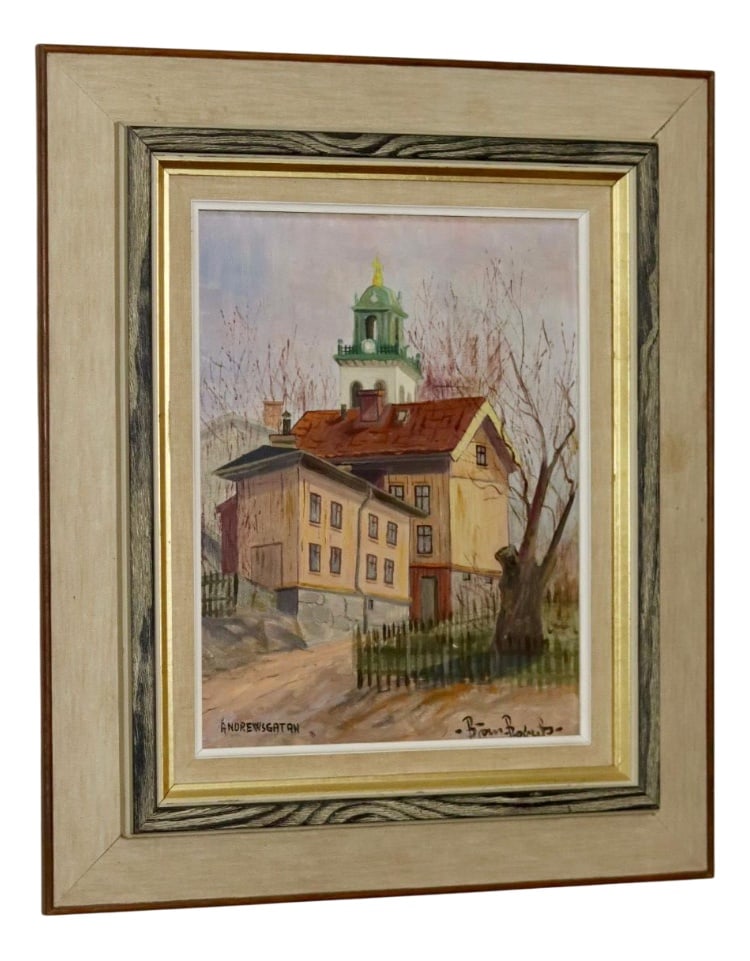 Björn Roberts, Anderswgatan, 1950s, Oil, Framed: Anderswgatan by Björn RobertsThis captivating oil painting on panel by Björn Roberts beautifully portrays a peaceful street scene. Titled "Anderswgatan," it features charming buildings with