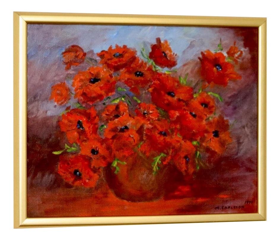 M Carlsson, Poppies, 1990s, Oil, Framed: Vibrant Oil Painting of Red Flowers by M CarlssonThis stunning oil painting showcases a bouquet of red flowers in vivid detail, offering a bold and elegant touch to any space. The artist's expressive