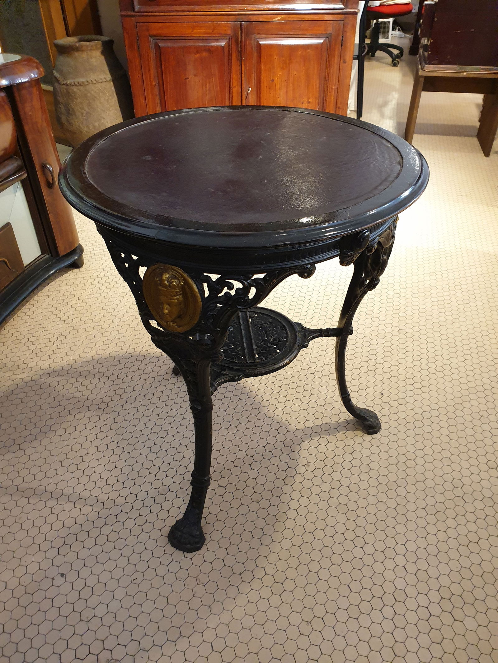 Round Cast Iron, Wood & Leather Coffee Table - 10