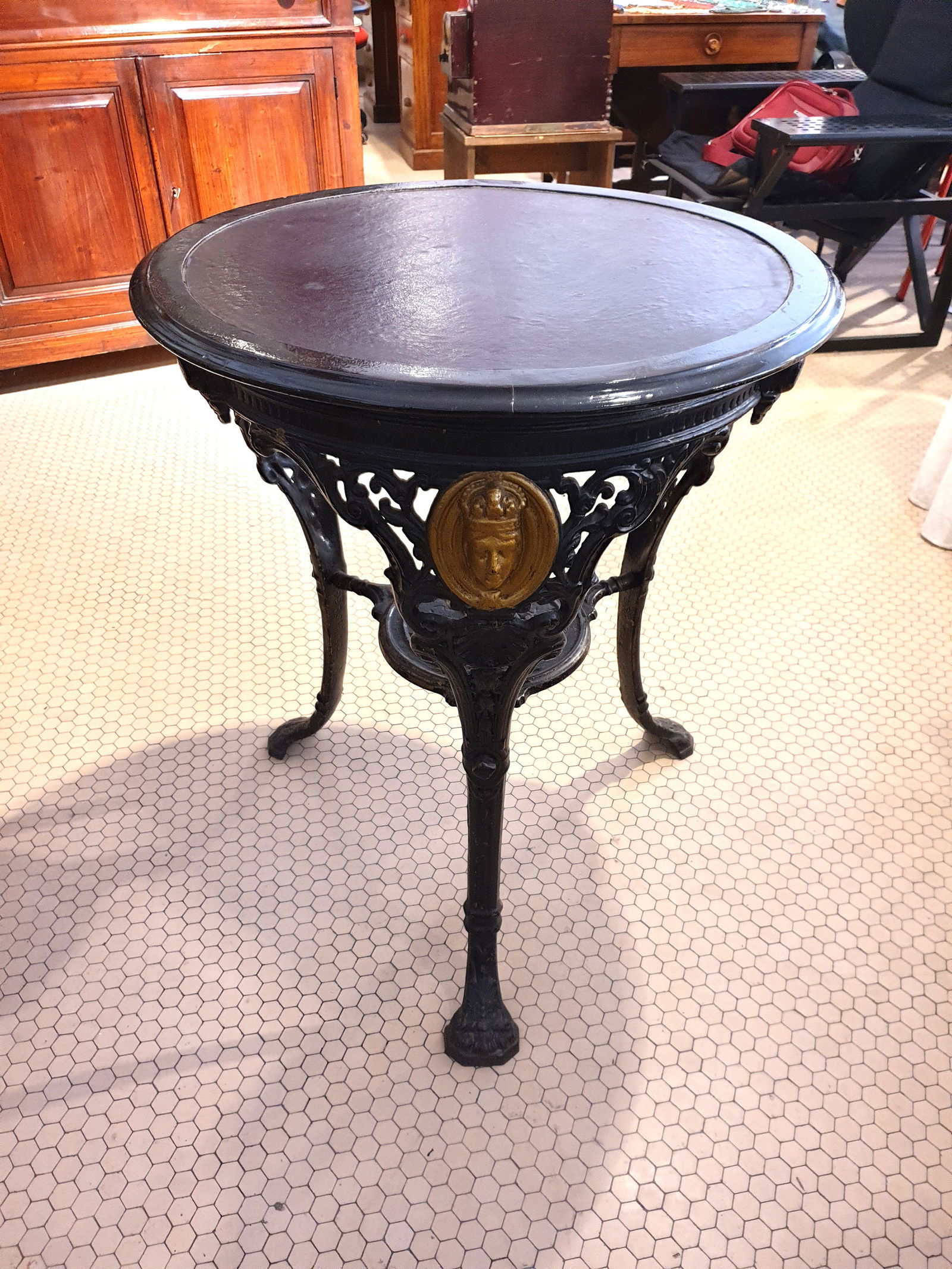 Round Cast Iron, Wood & Leather Coffee Table - 11