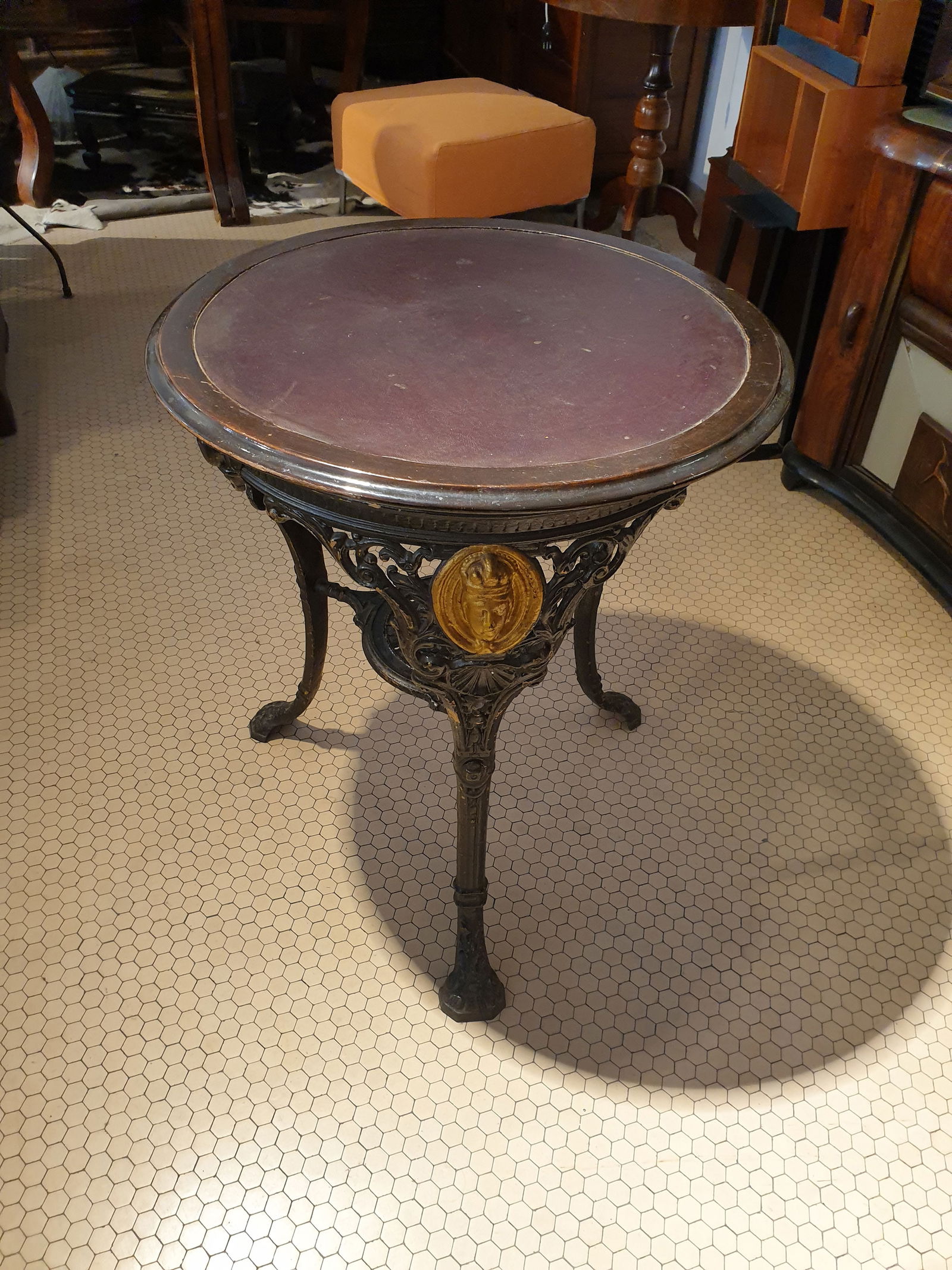 Round Cast Iron, Wood & Leather Coffee Table - 13