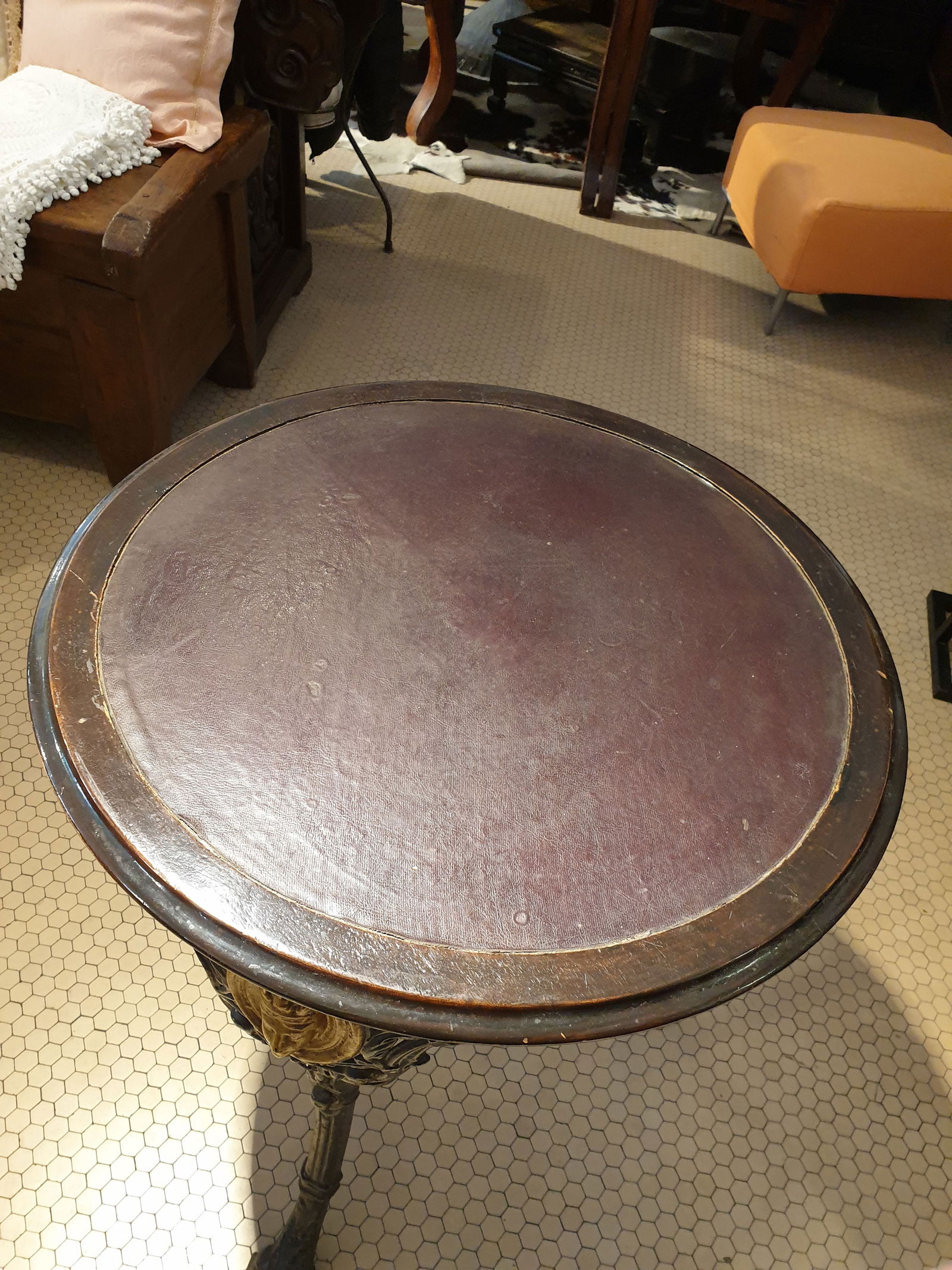 Round Cast Iron, Wood & Leather Coffee Table - 5