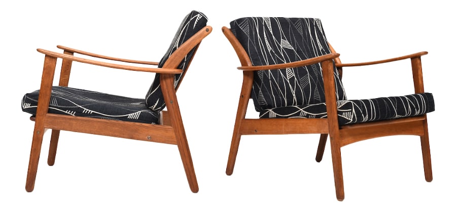 Set of Danish Oak Easy Chairs by Nils Kofoed: Pair of Danish mid century Nils Kofoed easychairs in solid oak. Produced in 1960s. Nice organic shaped chairs with later fabric. Country of Manufacture: Denmark Design Period: 1960 to 1969 Production