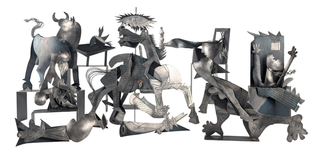 Metal Guernica Sculptures from Picasso, Set of 10: A striking large-format metal sculptural group reinterprets Pablo Picasso's iconic mural Guernica in three dimensions. This work transforms the symbolic and expressive power of the original into a