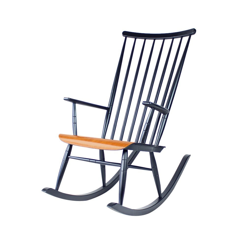 Rocking Chair by V. Puunjalostus, Finland, 1960s: Iconic rocking chair by Varjosen Puunjalostus, Finland. Beautiful design with elegant, strong wood. Completely restored with new finish both on the sea (varnished natural beech), and construction (bla
