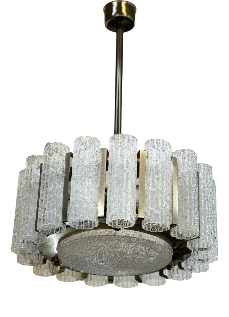 Chandelier from Barovier & Toso, 1950s: Mid-20th Century Barovier & Toso chandelier. Supporting structure in bronze-coloured chromed metal, a large glass plate with bubble work that hides 6 light points and 17 glass tubes/cylinders.