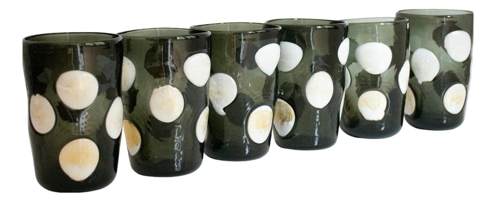 Murano Glass Glasses by Mariana Iskra, Set of 6: Astonishing drinking set in colored Murano canes made by Angelo Ballarin for Ribes Studio. Gio Ponti glasses are made of canes, arranged perfectly thanks to the skill of Maestro Angelo Ballarin. Our