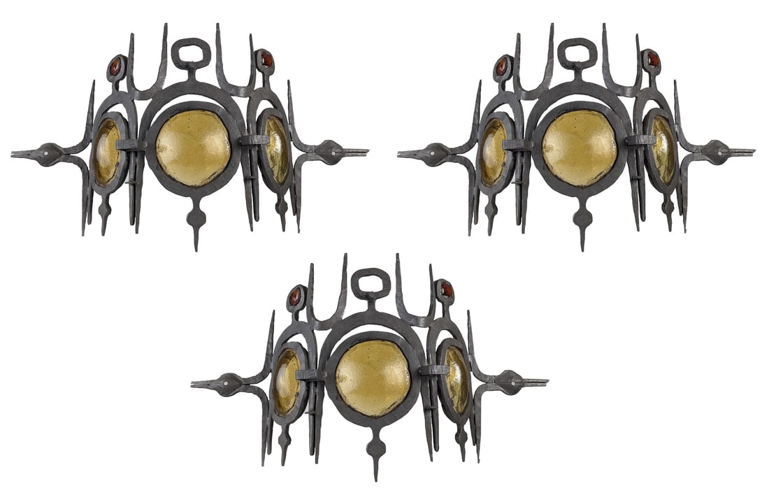 Wrought Iron & Blown Glass Wall Lights, Set of 3 (1 of 20)