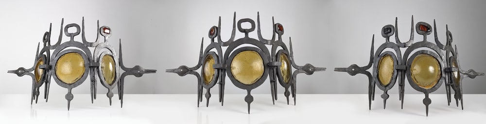 Wrought Iron & Blown Glass Wall Lights, Set of 3 - 4