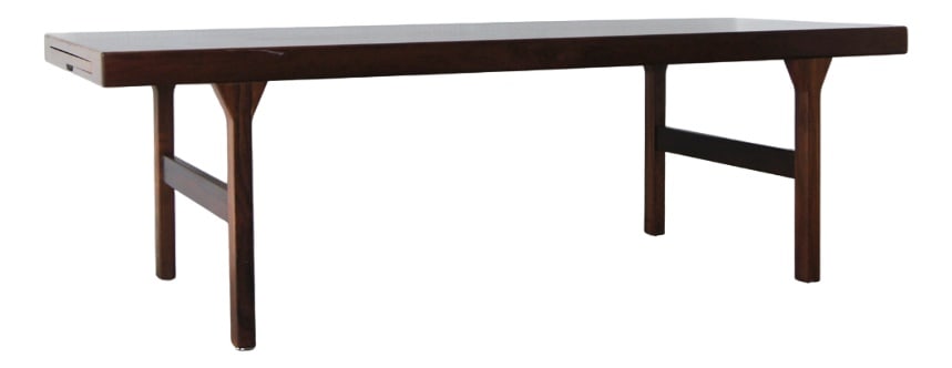 Mid-Century Danish Coffee Table from Dyrlund, 1960: A celebration of the sophisticated and beautifully refined design of the rosewood folding table carved by Dyrlund in the 1960s.The furniture has a hidden extension, tray in black shade fits perfectly