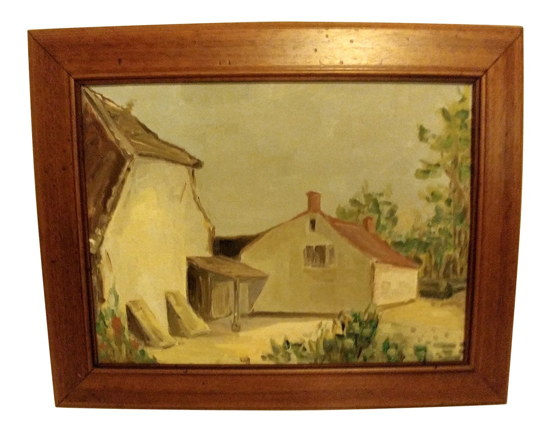 Rural Landscape Oil on Panel, 1970s: It is terribly restful with its soft colors, its simple unpretentious features and its beautiful patinated wooden frame. It transports us at first glance to a slow, calm and serene universe. Design Pe