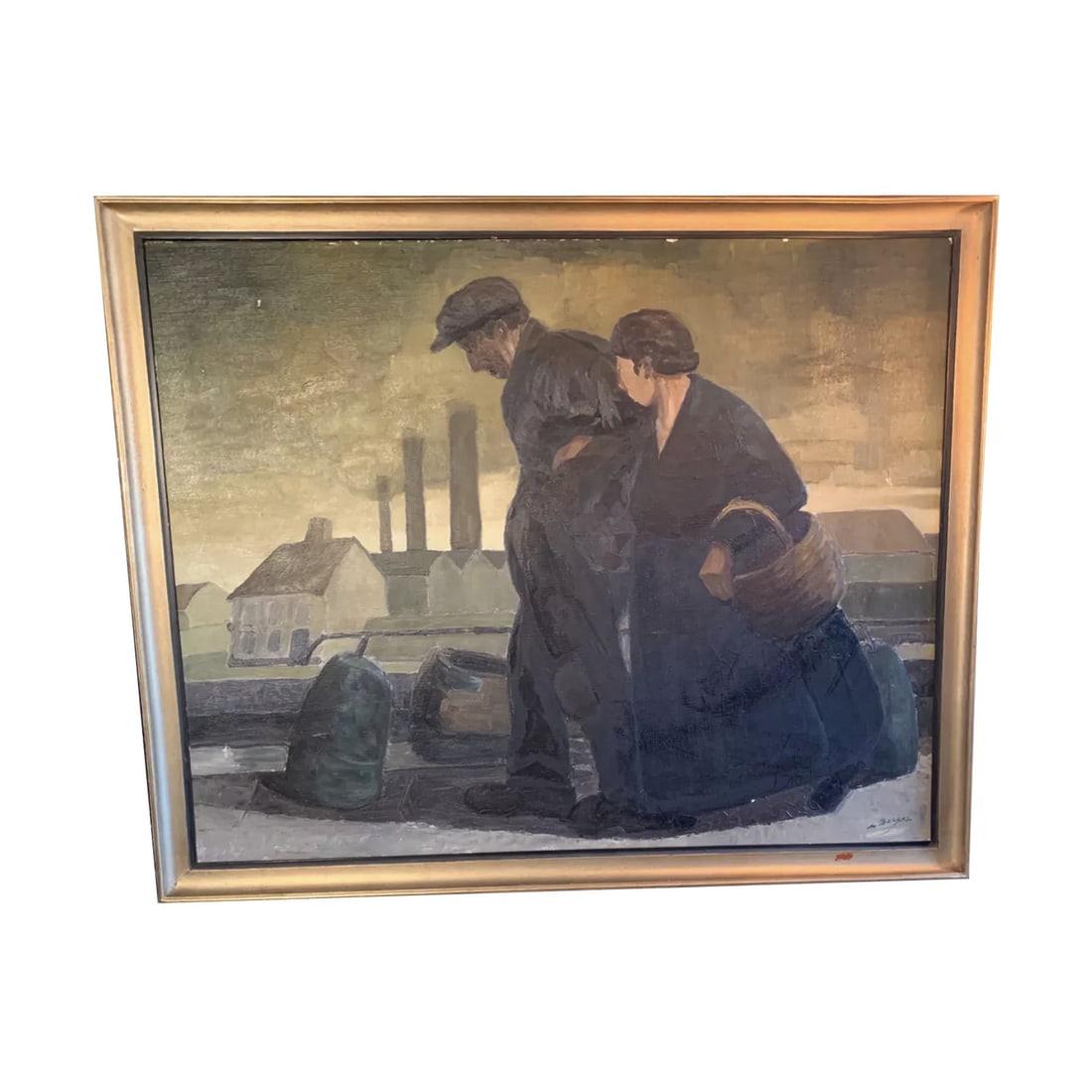 Berger, Industrial Landscape, Oil on Canvas: Imposing and masterful oil on canvas signed Berger (Einar, Louis...?) representing an animated industrial landscape. Realism is an artistic movement that appeared in France and Great Britain in the