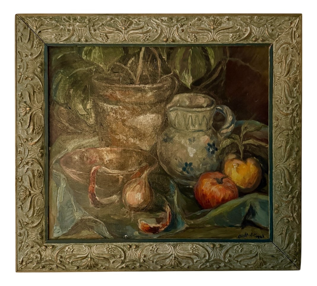 Kurt Schaefer, Still Life, 1942, Oil on Canvas, Framed: This evocative still life by Kurt Schaefer, painted around 1940, is a finely balanced composition that reflects the quiet intensity and painterly sensitivity of the period. Executed in oil on canvas,