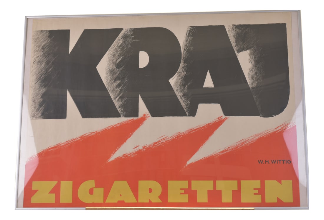 Advertising Poster for Cigarettes by W.H. Wittig, 1927: KRAJ was a well-known Berlin cigarette brand of the 1920s, produced by the Kraj GmbH cigarette factory, based in Berlin.Poster by Wittig. Minor signs of wear in a simple frame with a acrylic glass