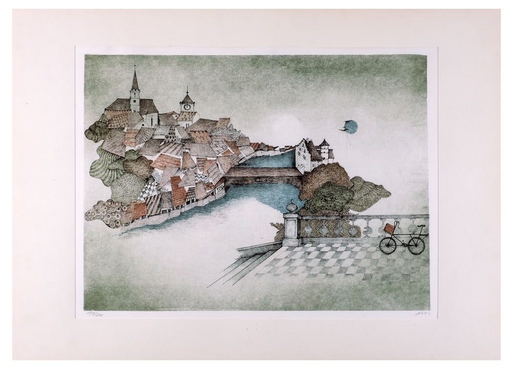 Ossi Czinner, Town Landscape, Original Lithograph: Hand signed and numbered Lithograph by Austrian born artist Ossi Czinner Country of Manufacture: Austria Design Period: 1970 to 1979 Production Period: Unknown Restoration and Damage Details: Light