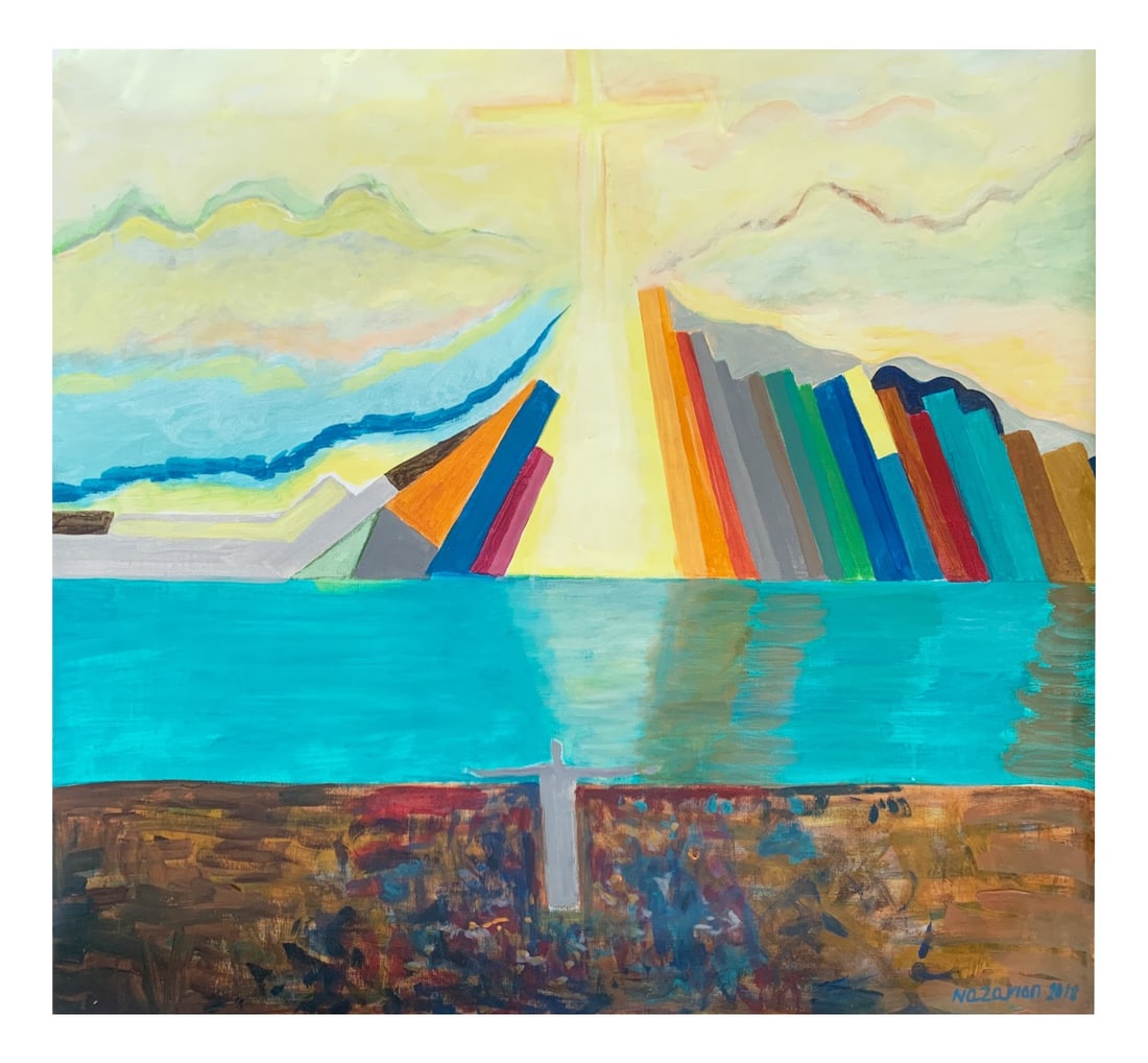 Iszchan Nazarian, Desire for Heaven, 2018, Acrylic: Iszchan Nazarian is an Iranian artist born in 1946, he lives and works in U.S.A. In 1947, the Iszchan family left for Armenia where he studied at the Fine Arts Academy, which is part of the