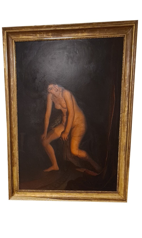 Cesare Ghirardi, Adonis' Mother Myrrha, 1869, Oil: Great portrait of the legendary myrrh intent on escaping from the bed once discovered by her father, made by Maestro Cesare Ghirardi in 1869.The painting is dated and signed at the bottom left. He