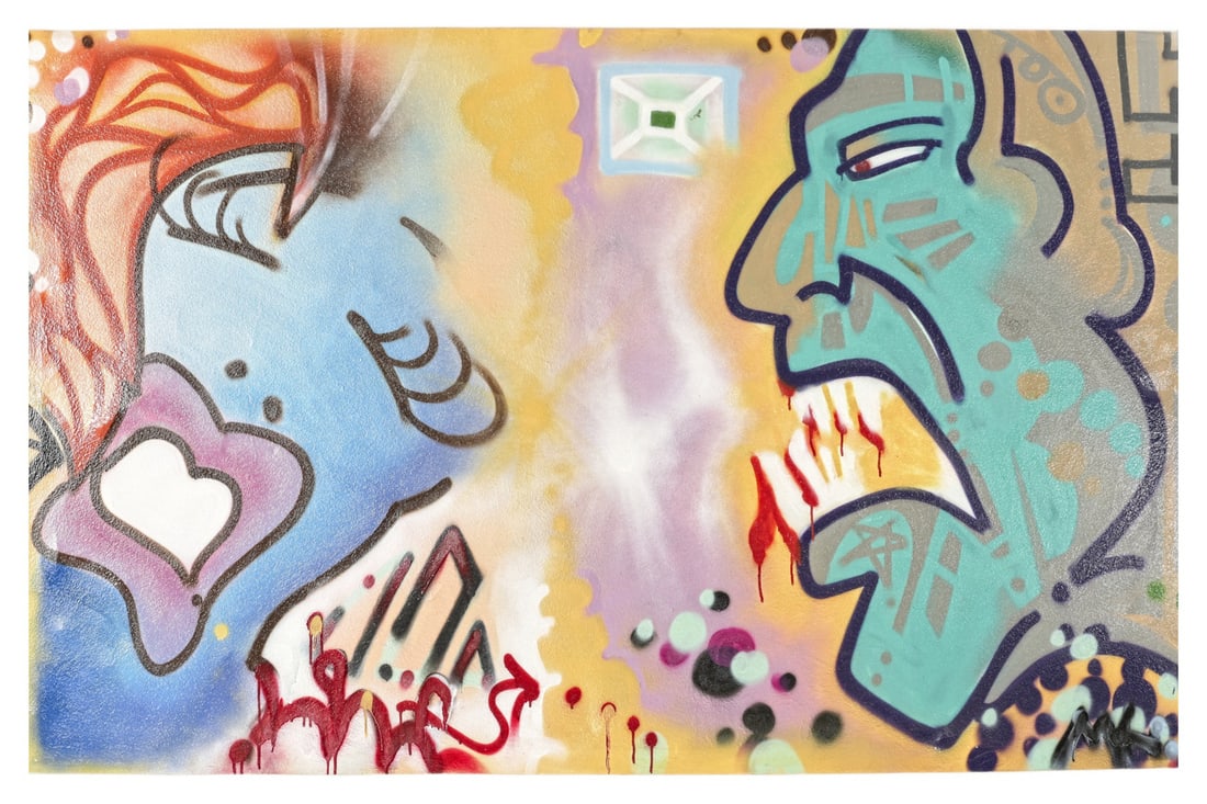 Vintage German Graffiti Art, 1990s: Sprayer Graffiti Art Designer: unknown Year: around 1990 Manufacturer: unknown graffiti artist Country: Germany Measurements: H 130 cm W 205 cm D 3 cm Material: Cotton fabric drawn on slats, primed