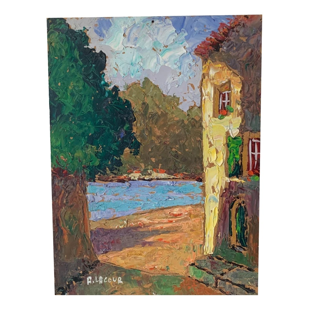 Armand Lacour, Landscape, 1920s, Painting: Lovely little painting of a lakeside landscape in shimmering colors worked with a knife on unalit. Signed A.Lacour lower left. Very good condition. Design Period: 1920 to 1949 Production Period: 1930
