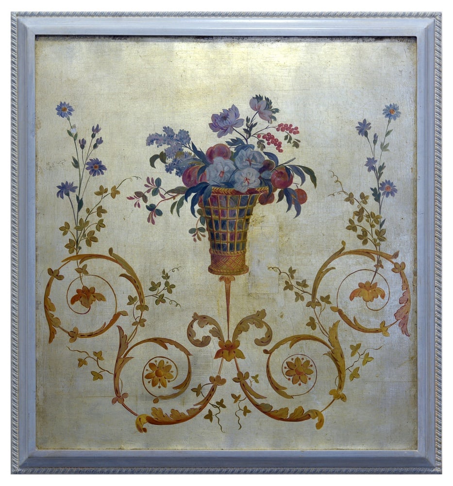 Grotesque, 21st Century, Oil, Pure Gold Leaf, Framed: Elegant and gorgeous oil on canvas grotesque painted on pure gold 12k leaf.In the 17th and 18th centuries the grotesque encompasses a wide field of artistic experimentation. The monstrous, for