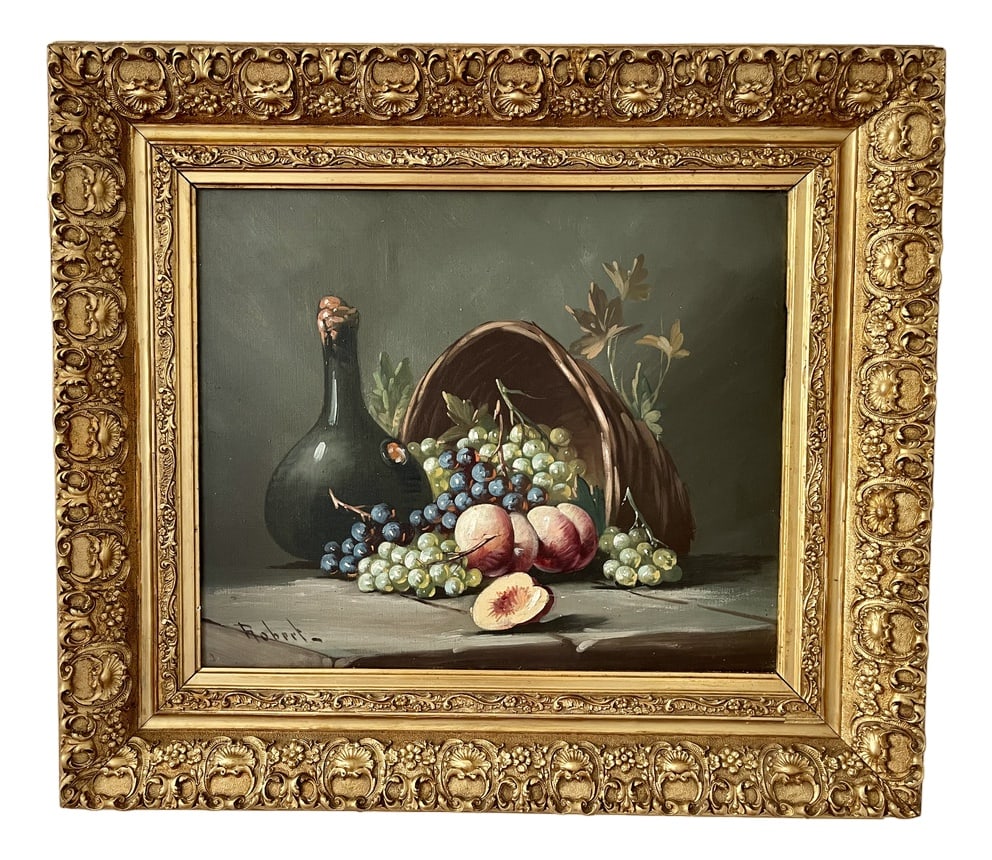 Robert, 1890s, Oil on Canvas, Framed: Magnificent, richly framed painting depicting a superb still life. This captivating work presents a harmonious composition featuring a deliciously detailed bunch of grapes, a colorful basket of