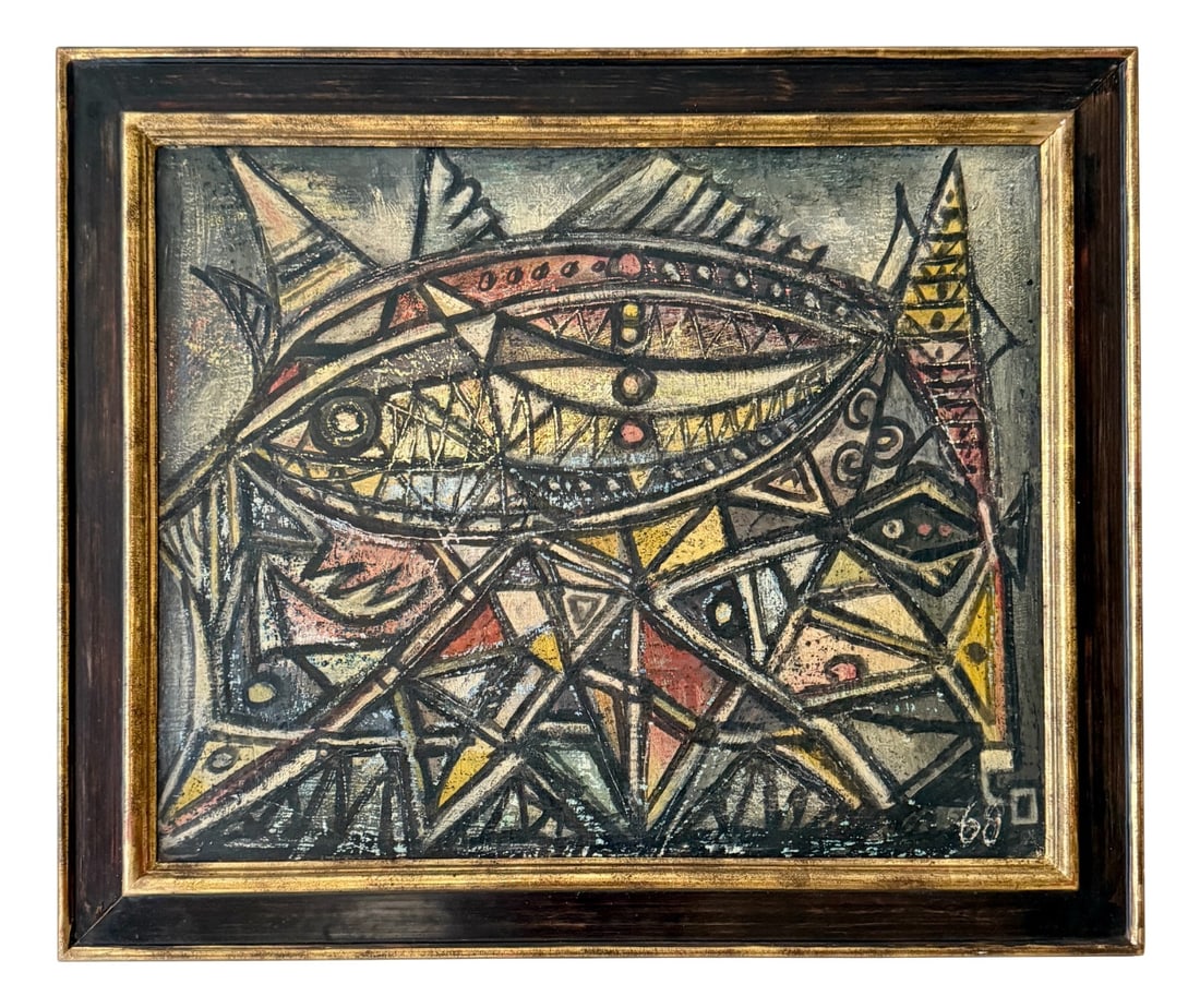 Unknown, Untitled, 1968, Chalk & Acrylic, Framed: A striking Cubist French painting, dated 1968, that embodies the dynamic energy of postwar European abstraction. The composition is dominated by bold geometric forms, intersecting lines, and layered