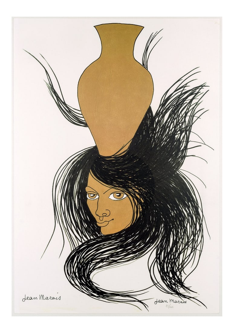 Jean Marais, Femme au vase, Lithograph: Beautiful Lithography by Jean Marais (1913-1998) partner of Jean Cocteau. Titled “Femme au vase (Hommage à la poterie)”, signed in the plate and with the artist's stamp, numbered 13