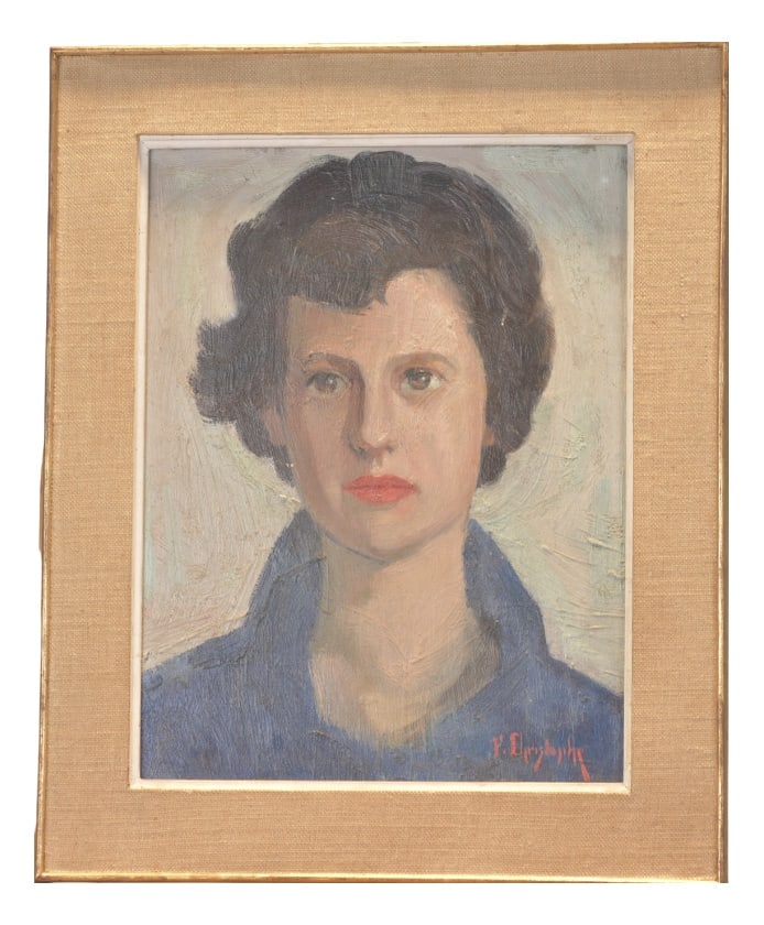F. Christophe, Untitled, 1050s, Oil Painting: A portrait of a self-assured young woman with short hair, executed as an oil painting on cardboard in its original frame. The painter has portrayed the young woman with great precision and clarity;